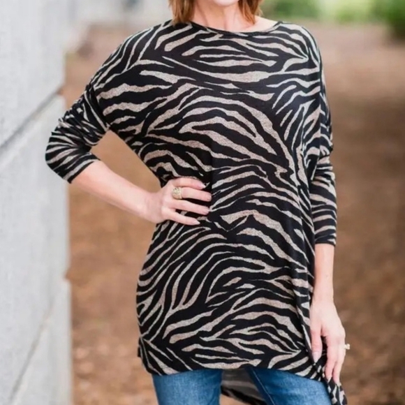 Clara Sun Woo Tops - Clara Sun Woo Zebra Print Tunic Women's S Brown Black Boho Retro 90s Y2K